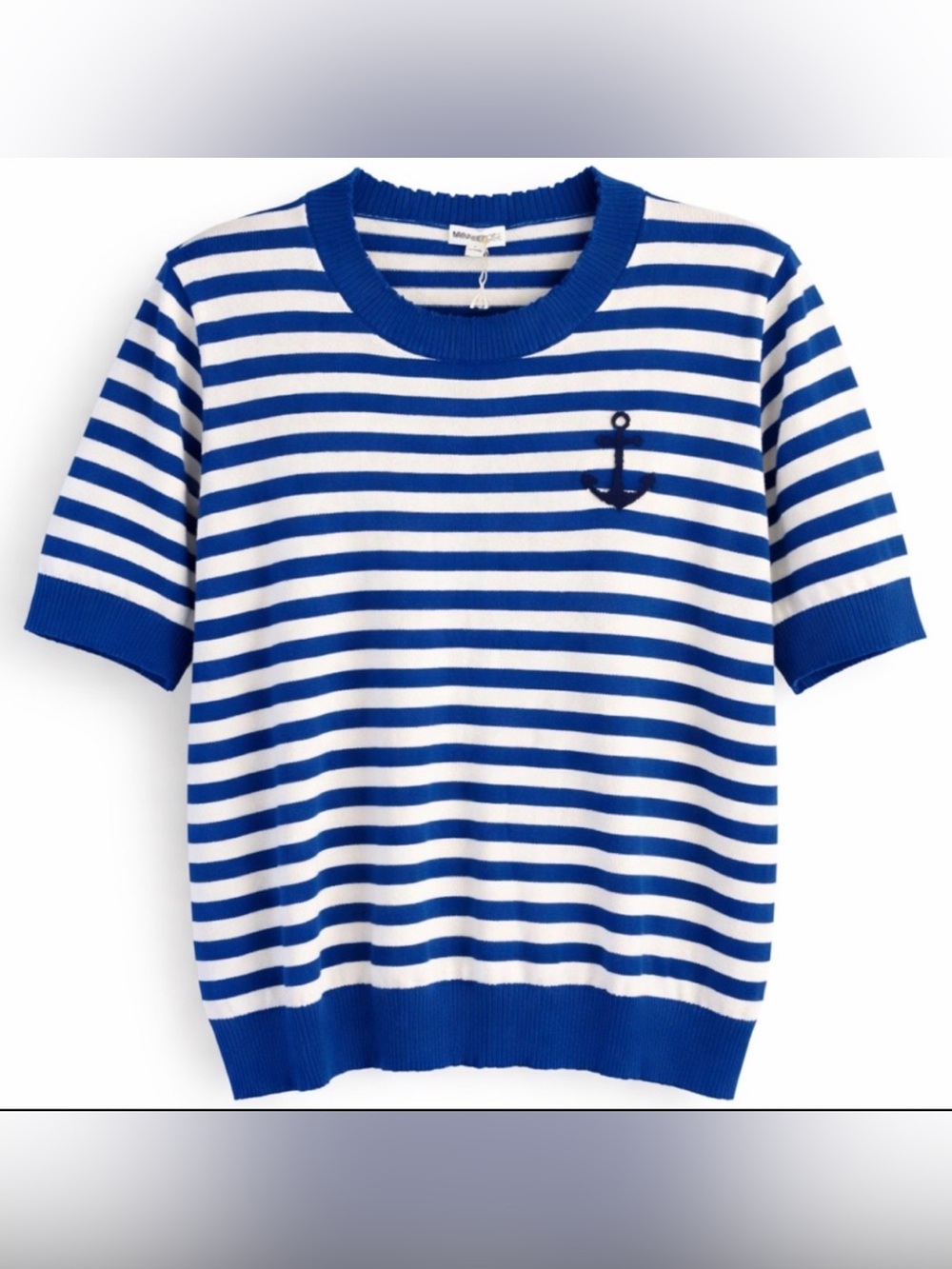 Minnie Rose Frayed Hem Striped Knit Tee Cotton Cashmere Blue White Large NWT - Picture 2 of 10